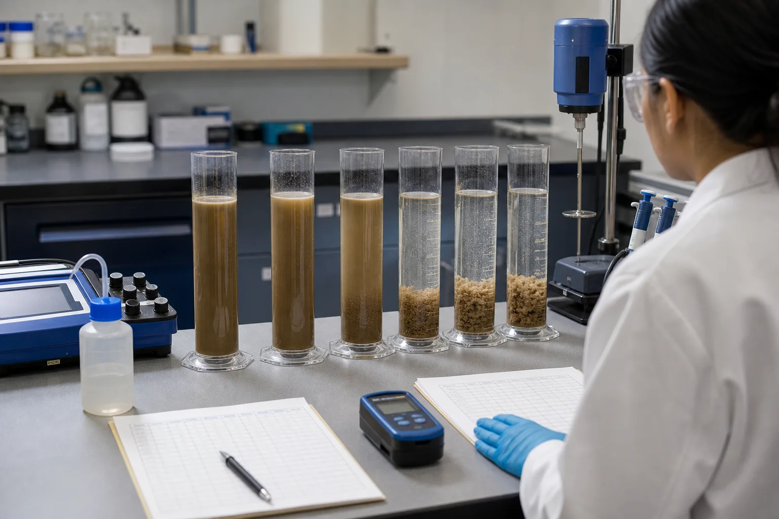 Six-cylinder test comparing anionic polyelectrolyte response on suspended mineral solids