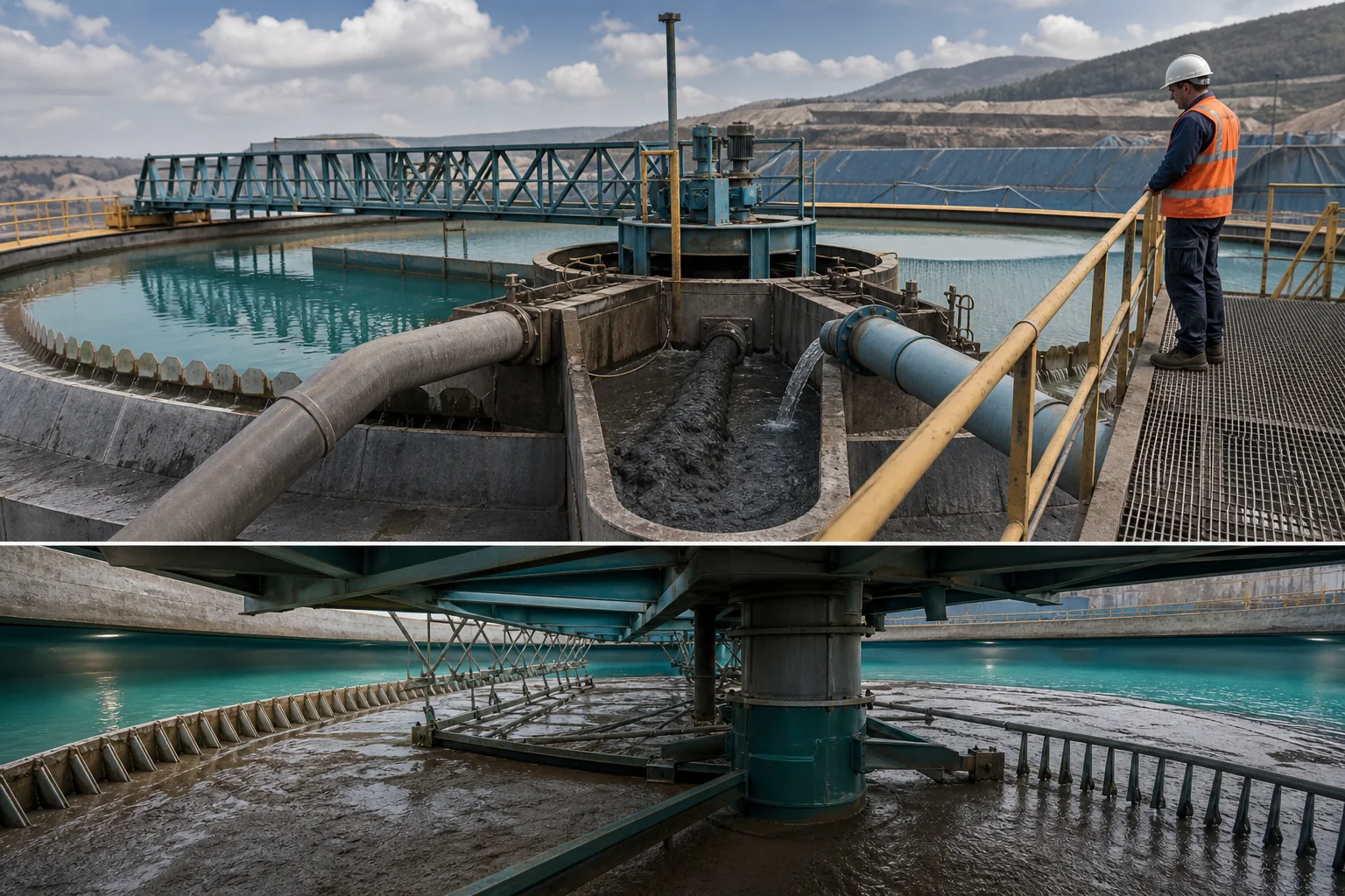 Mineral slurry feedwell, clear overflow and thickener rake inspected during polymer optimization
